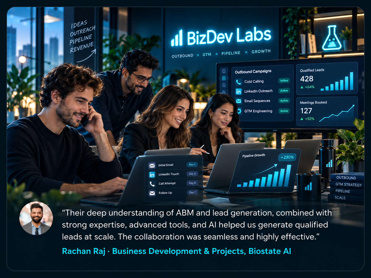 Illustration of the BizDev Labs outbound team at work
